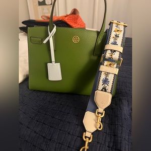 Tory Burch Walker Webbing Strap Small Satchel in the color Spinach Green